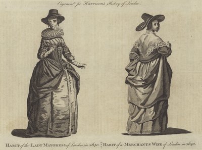 Abito della Lady Mayoress di Londra nel 1640 e abito della moglie di un mercante di Londra nel 1640 da English School